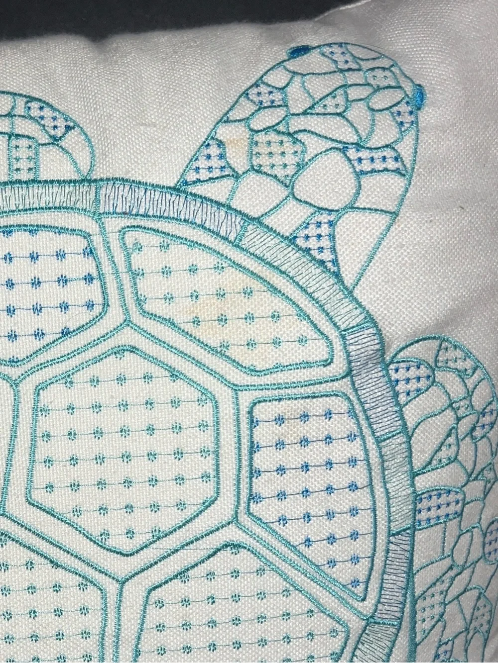 embroidered turtle pillow turquoise on white pillow 18” x 18”-NWT/2 small stains